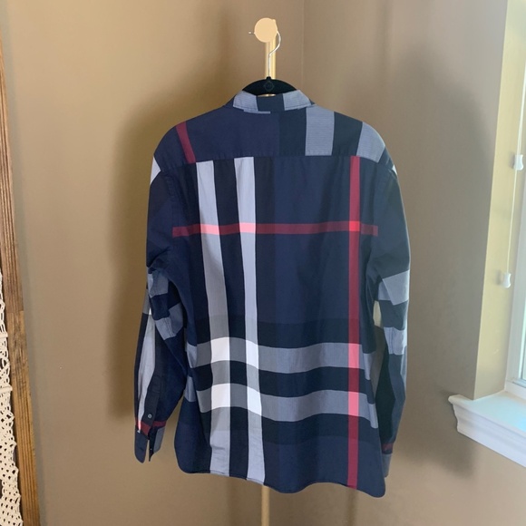 Burberry London Men’s Large Navy Plaid Button-Down Shirt Designer Check - Picture 2 of 8